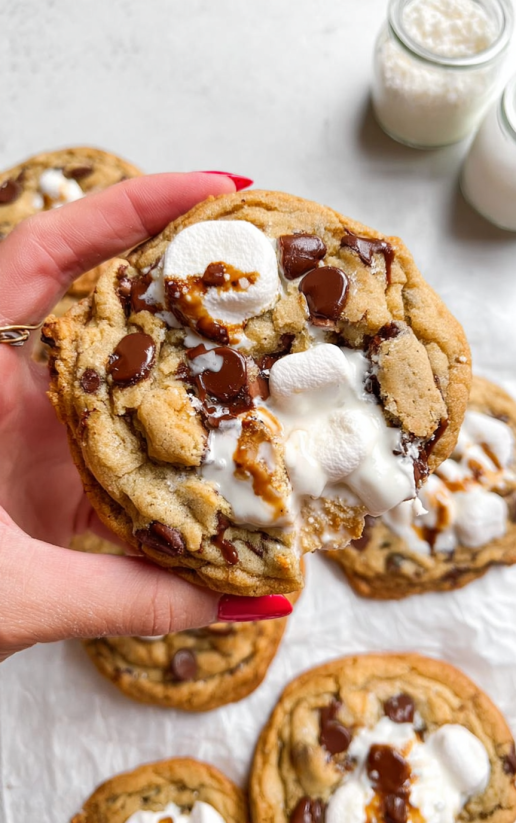 Eine Hand hält einen S'mores Stuffed Chocolate Chip Cookie, der mit Schokoladensoße und Schokoladensplit geschmolzen ist.