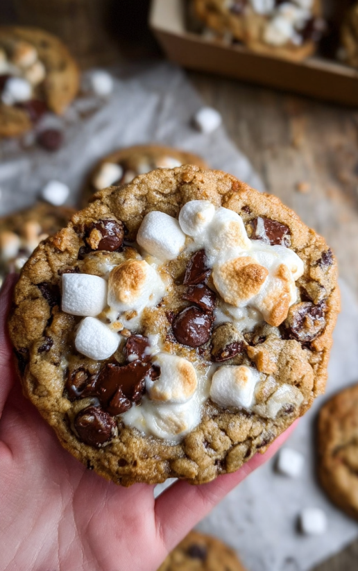 Ein Handgelenk hält einen S'mores Stuffed Chocolate Chip Cookie, der mit Marshmallows und Schokolade zubereitet wurde.