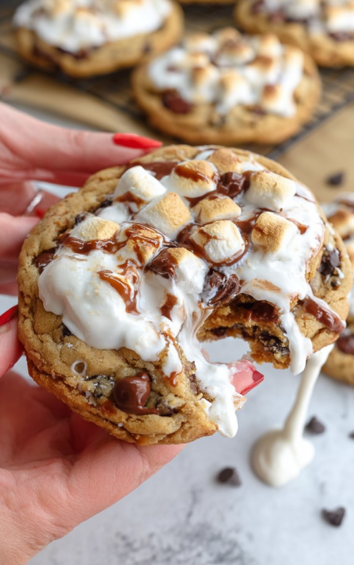 Eine Hand hält einen S'mores Stuffed Chocolate Chip Cookie, der mit Schokoladensoße und Schokoladensoße zubereitet wurde.