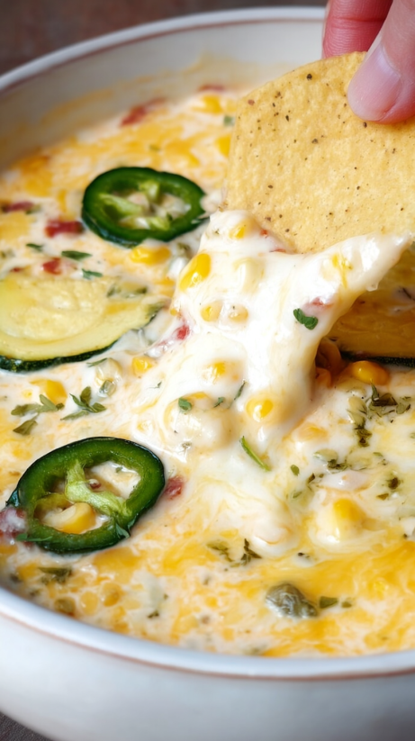 Eine Schüssel mit Restaurant-Stil Queso Blanco, der mit Sweet Corn garniert ist.