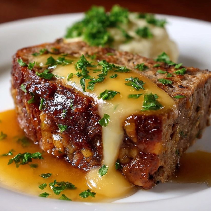 Ein gegrilltes Fleischstück mit Sauce und Zwiebeln auf einem weißen Teller.