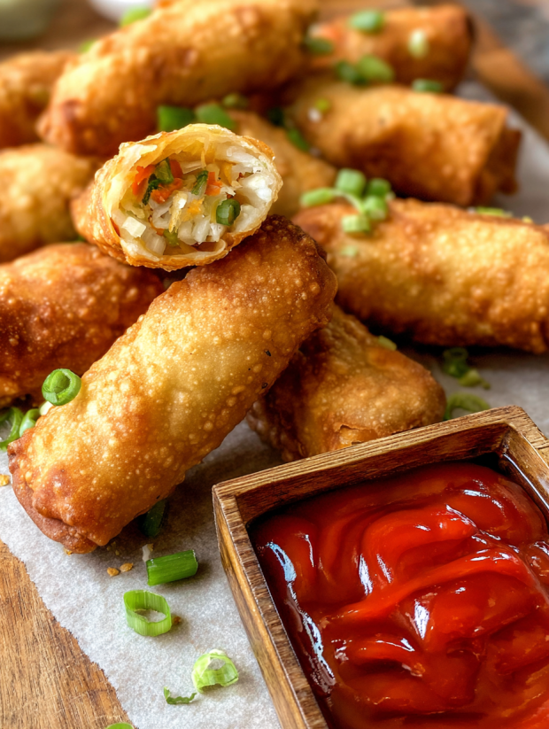 Ein Bilde, das Chicken Egg Rolls mit Sweet & Sour Sauce zeigt.