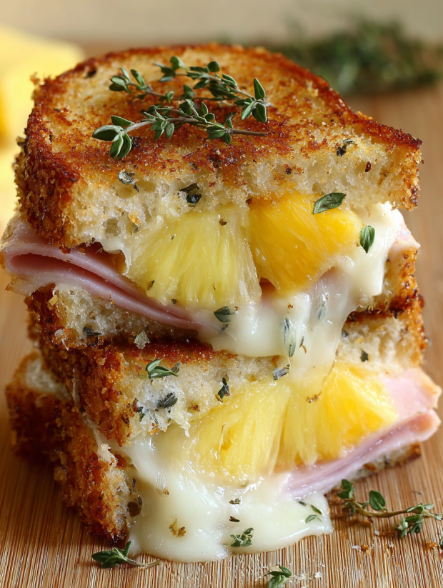 Eine Sandwich mit Pineapple und Ham, die mit Käse bedeckt ist.
