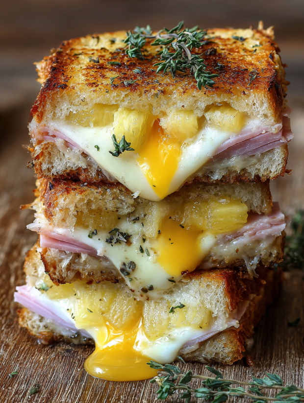 Eine Schicht von grilled cheese mit pineapple und ham.