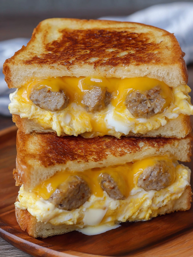 Ein Grilled Cheese Sandwich mit Eiern und Sausage.