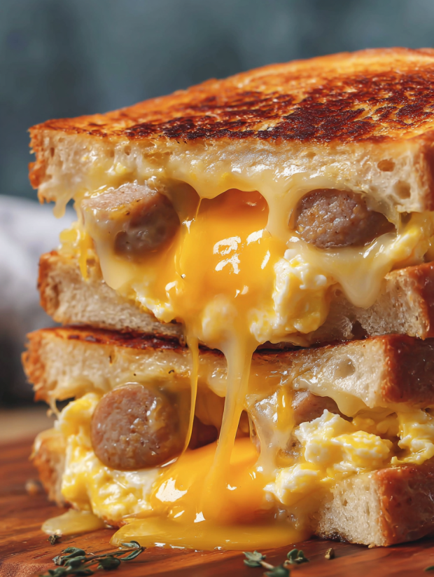 Ein Grilled Cheese Sandwich mit Eiern und Sausage.