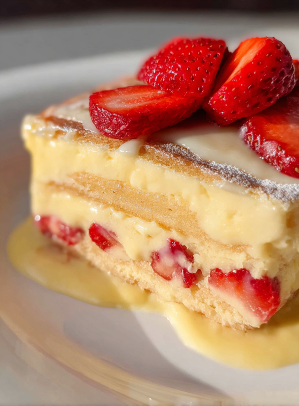 Eine Tafel mit einem St&uuml;ck Kuchen, der mit Strawberries und Cream garniert ist.