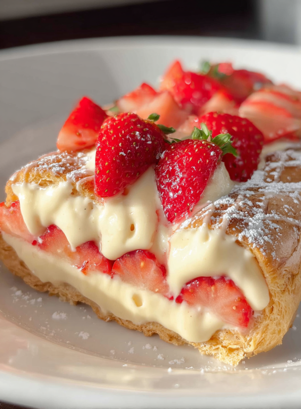 Ein Stück Kuchen mit Strawberries und Crescent Rolls.