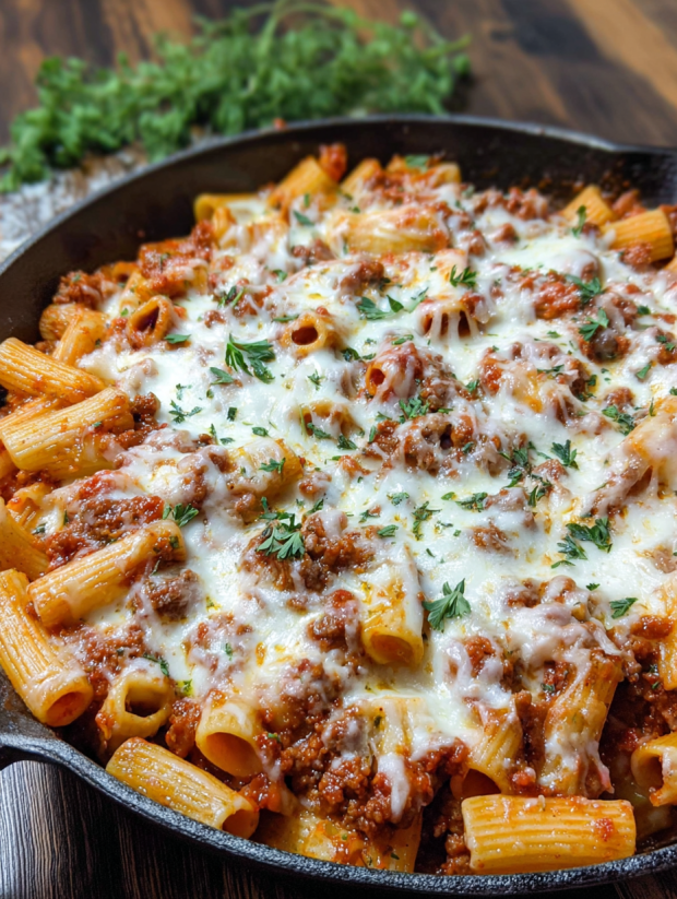 Eine Schüssel mit Rigatoni-Nudeln, die mit Käse und Rindfleisch gefüllt sind.