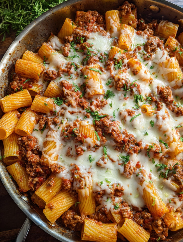 Eine Schüssel mit Rigatoni-Nudeln, die mit Käse und Rindfleisch gefüllt sind.