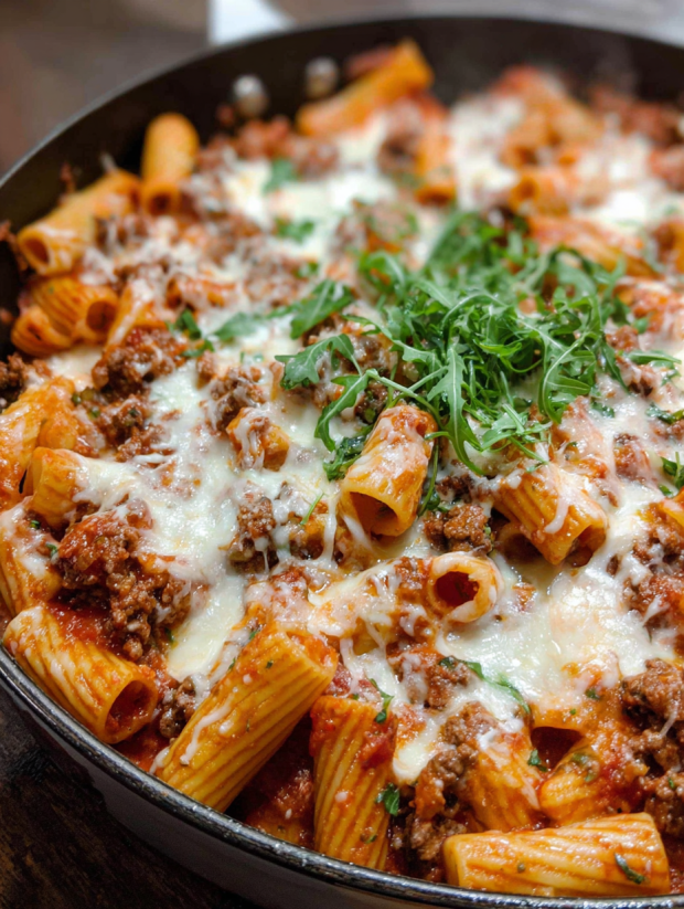 Eine prägnante Bildbeschreibung für das Bild "Cheesy Beef Rigatoni" lautet: "Ein Gericht aus Rigatoni, Beef und Käse, das in einem Schälchen präsentiert wird.