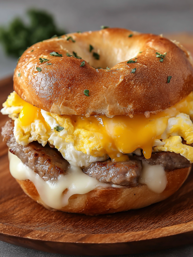 Ein Steak Egg Cheese Sandwich auf einem Holzblock.