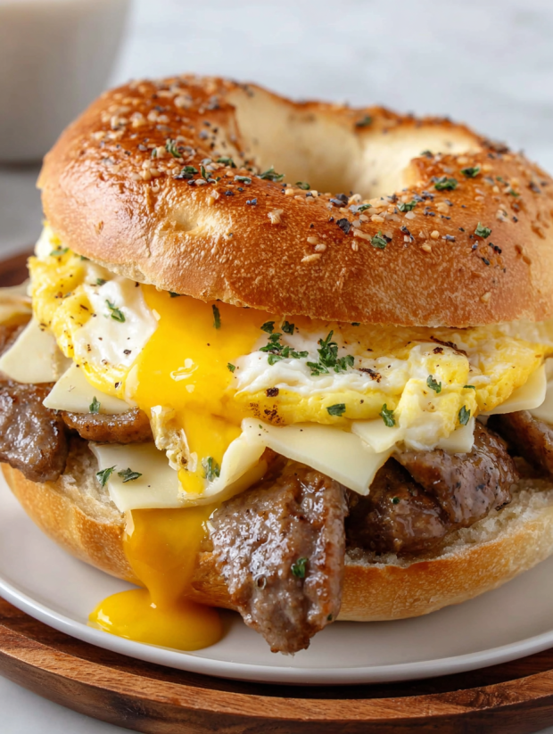 Ein Steak Egg Cheese Sandwich auf einem weißen Teller.