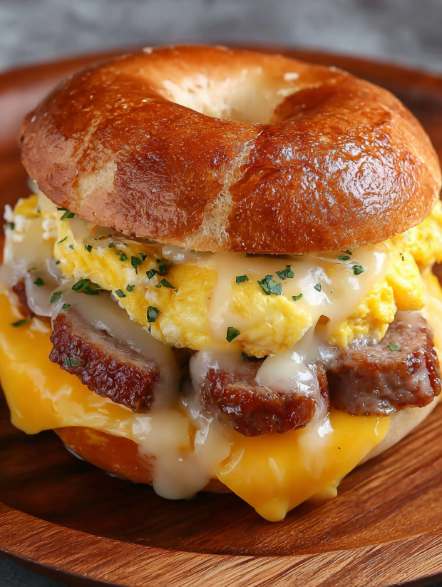 Ein Steak Egg Cheese Sandwich auf einem Holzblock.