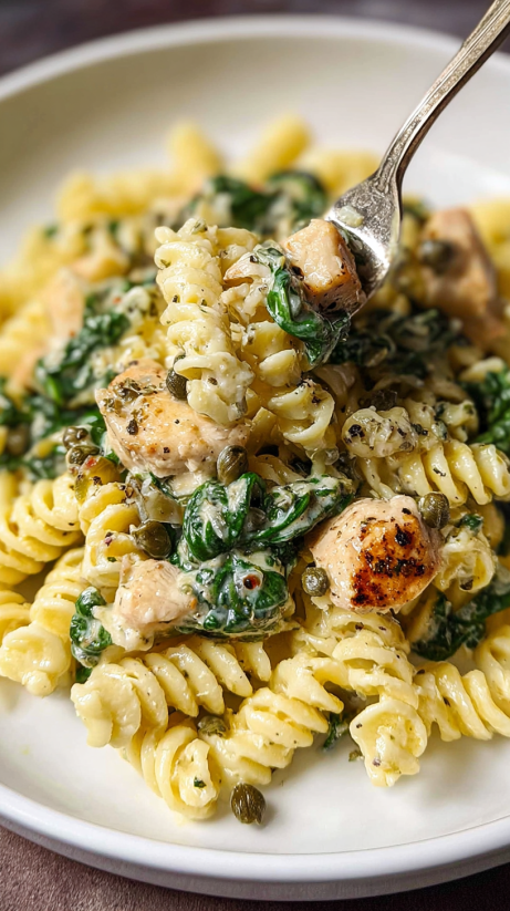 Eine Portion Pasta mit Zwiebeln und Chicken, garniert mit Pesto.