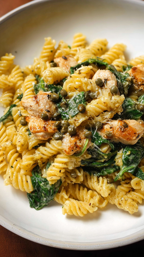 Eine Platte mit Pasta, die mit Zwiebeln und Käse garniert ist.