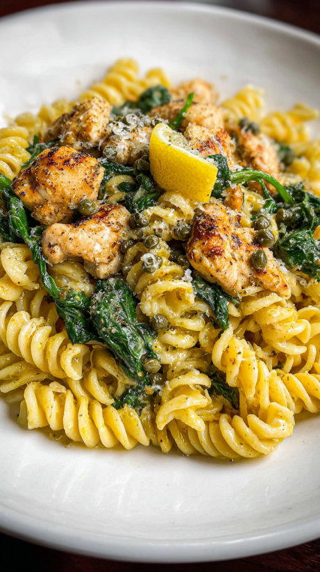 Eine Platte mit Pasta, die mit Zwiebeln, Käse und Pesto garniert ist.