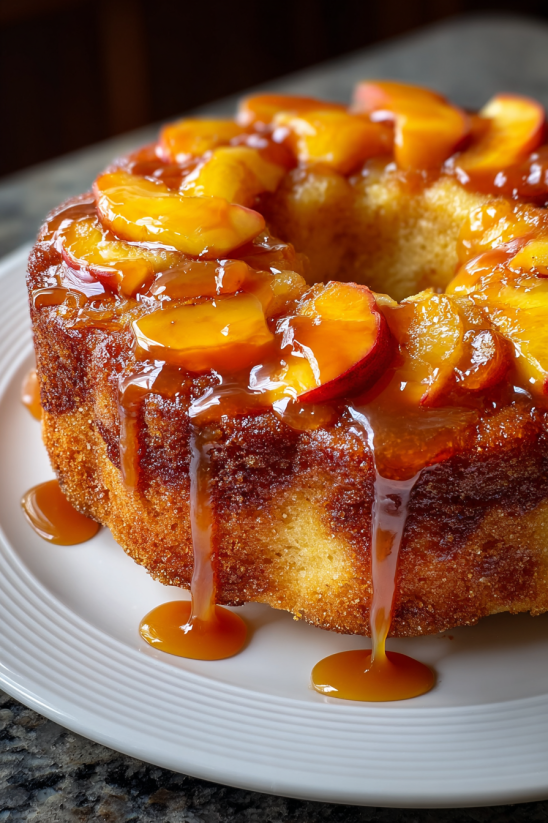 Ein Peach Buttermilk Pound Cake auf einem weißen Teller.