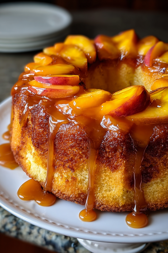 Ein Peach Buttermilk Pound Cake auf einem weißen Teller.