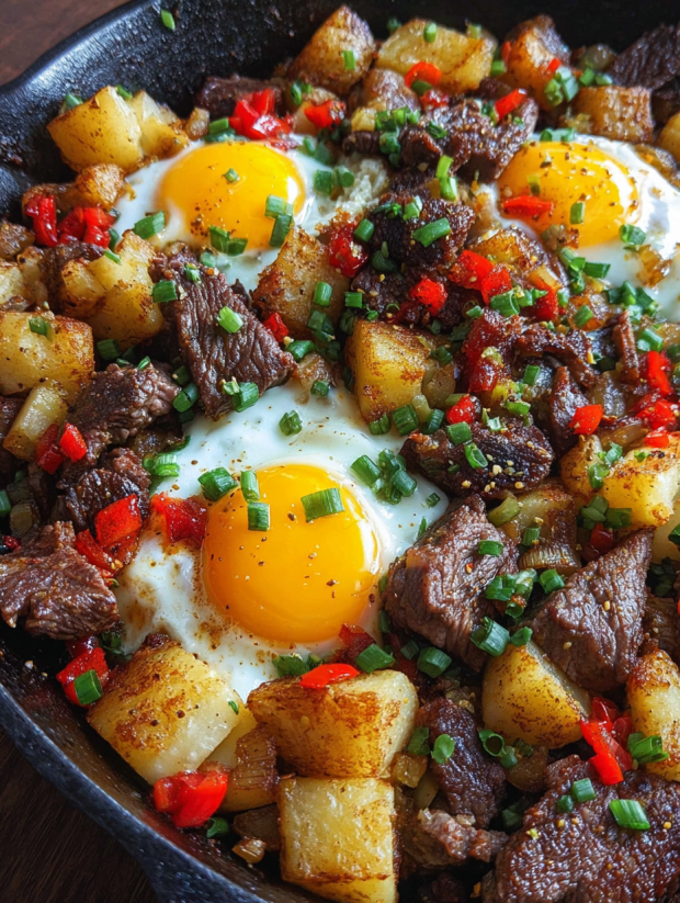 Ein Bild von Steak and Potato Breakfast Hash, das eine Mischung aus Steak, Potatoes, Eiern und Zwiebeln enthält.