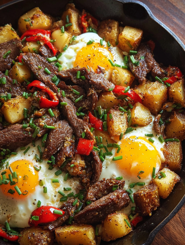 Ein Bild von Steak and Potato Breakfast Hash, das eine Mischung aus Steak, Potatoes, Eiern und Zwiebeln enthält.