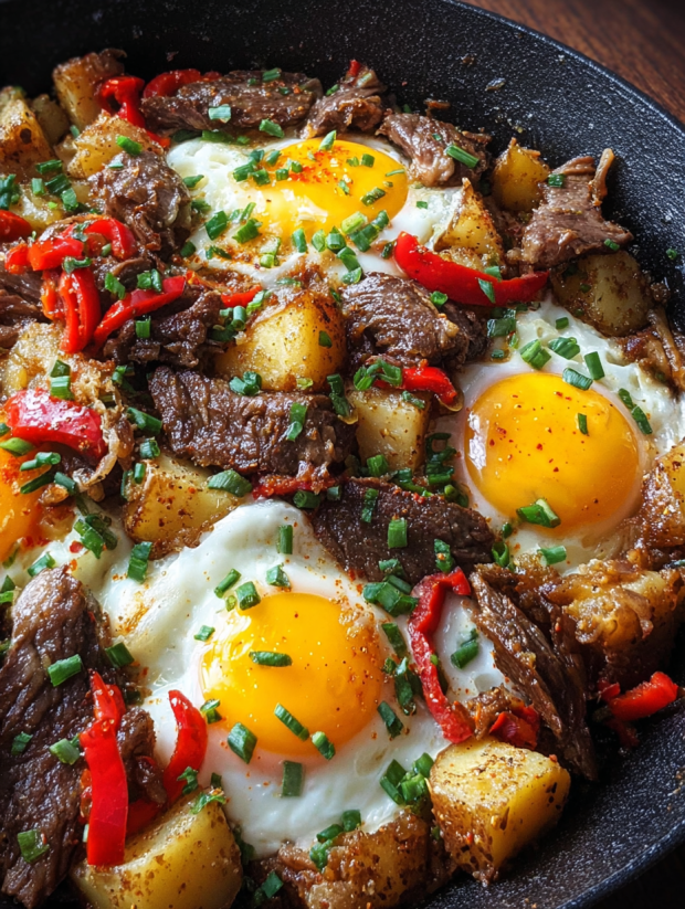 Ein Bild von Steak and Potato Breakfast Hash, das eine Mischung aus Steak, Potatoes, Eiern und Zwiebeln enthält.