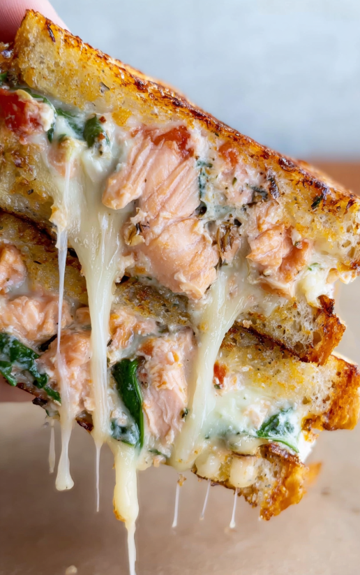 Ein Sandwich aus Salmon und Käse, das auf einem Tisch liegt.