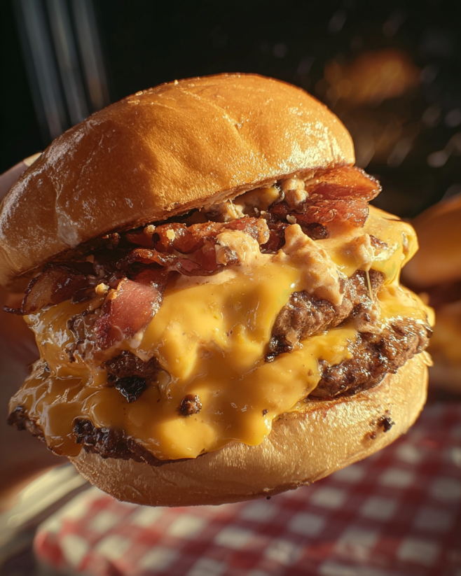 Ein großes, geschmolzes Hamburger mit Baconnaise Sauce auf einem roten und weißen Tisch.