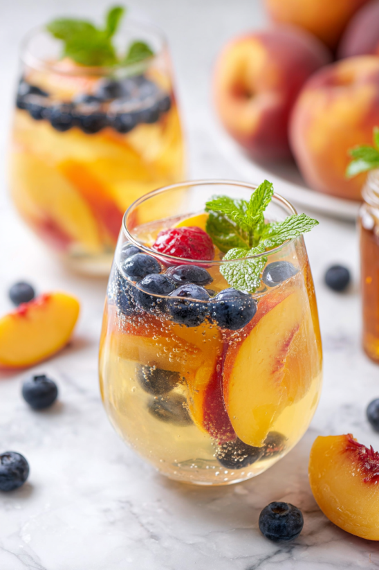 Ein Glas mit frischem Obst, darunter eine Mischung aus Peach, Blueberry und Raspberry, wird von einer Mintblüte umgeben.