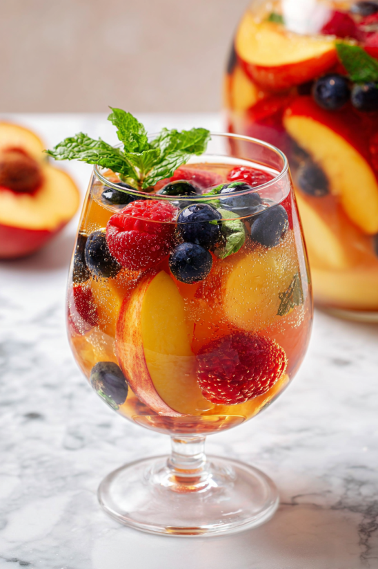 Ein Glas mit frischen Früchten wie Raspberry, Blueberry, Peach und Mint.