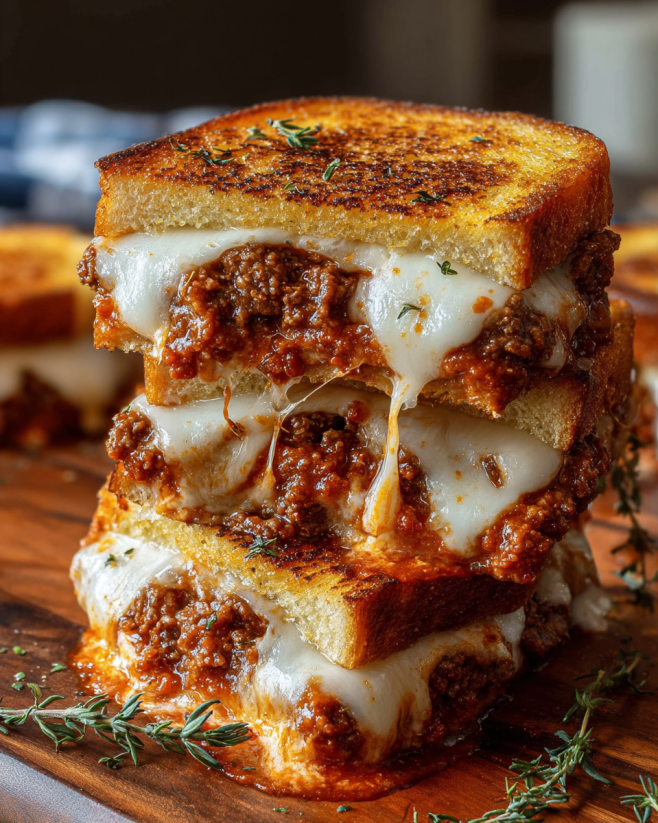 Eine Lasagna Grilled Cheese Sandwich, die aus drei Schichten besteht, mit einer Schicht von Rindfleisch, einer Schicht von Käse und einer Schicht von Lasagna. Die Sandwich ist auf einem Teller und wird von einer Garnelen-Blatt gegrillt.