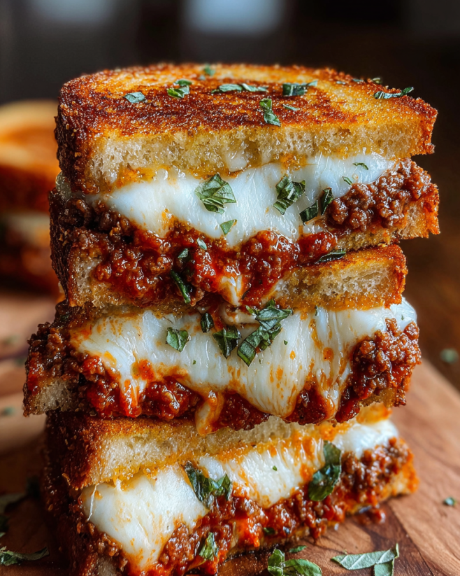 Eine Lasagna Grilled Cheese Sandwich auf einem Holzblock.