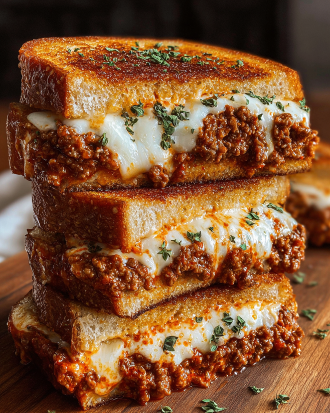 Eine Lasagna Grilled Cheese Sandwich auf einem Tisch.