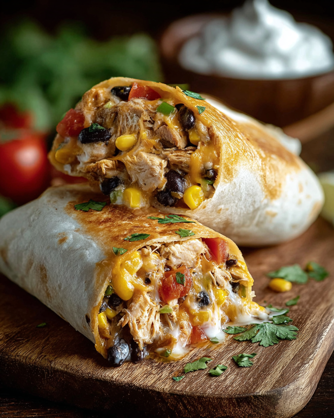 Ein Burrito mit Chicken und Tomaten auf einem Tisch.