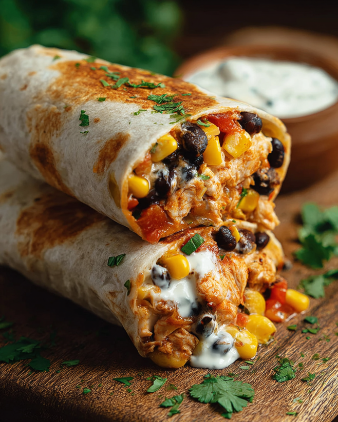 Ein Burrito mit Chicken, Kartoffeln, Kokosmelasse und Tomaten.