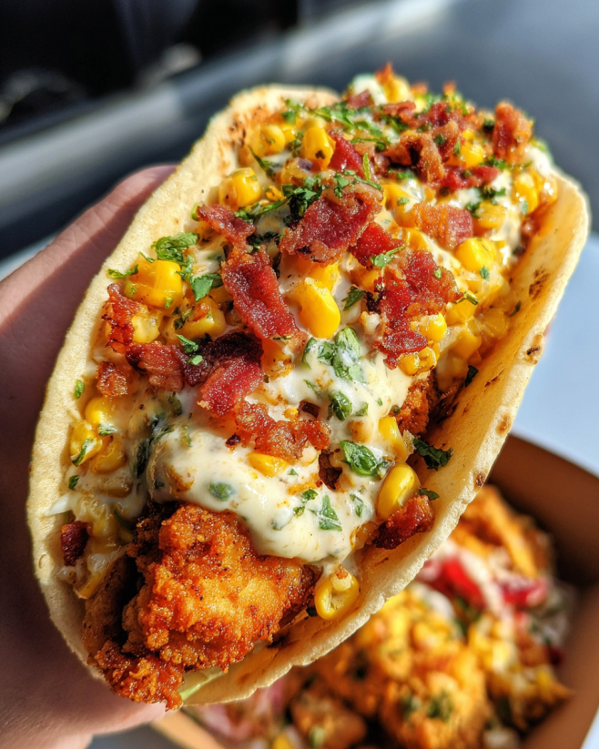 Ein prägnantes Bild, das einen Fried Chicken Street Corn Taco mit Jalapeno Lime Ranch zeigt.