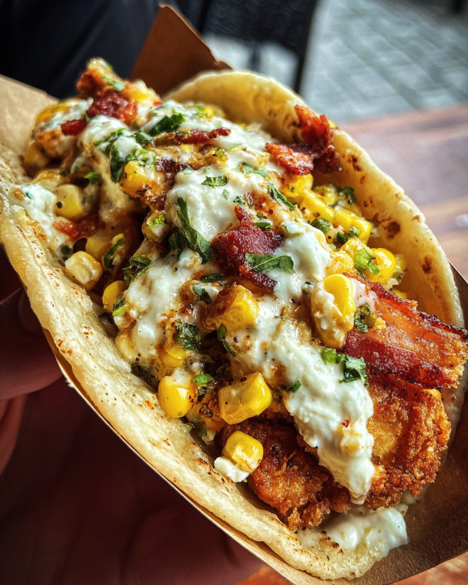 Ein Taco mit frieden Chicken, Kartoffeln und Mais.