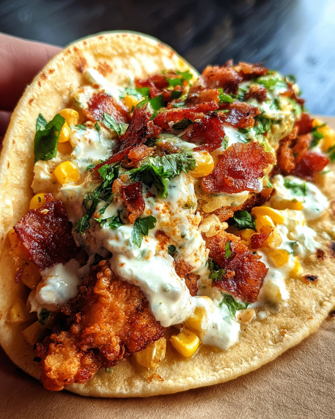 Ein Taco mit Kartoffeln, Korn und Chicken, garniert mit Jalapeno Lime Ranch.