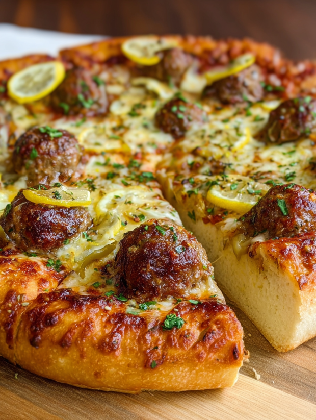 Eine Tafel mit einem tiefen Dish Meatball Pizza, die mit Zwiebeln und Knoblauch garniert ist.