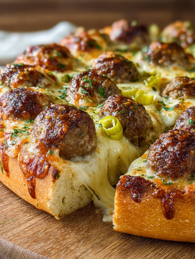 Eine Tafel mit einem tiefen Dish Meatball Pizza, die mit Käse und Zwiebeln garniert ist.