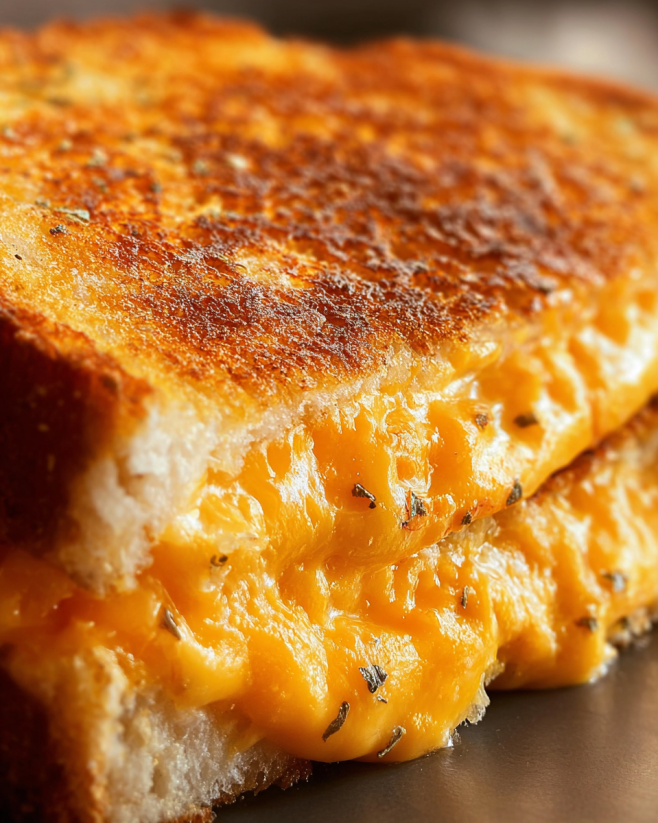 Ein Stück grilled cheese mit garlic bread.