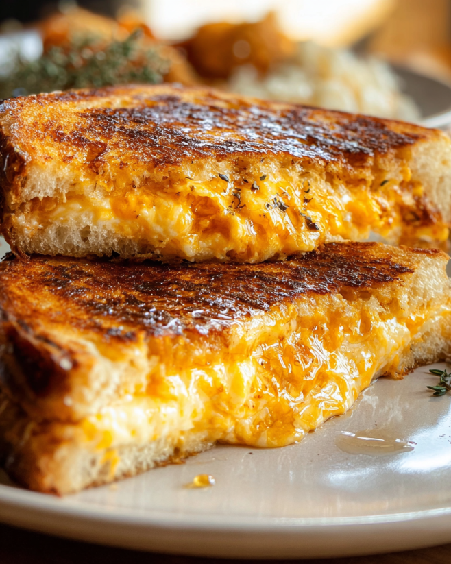 Ein weißer Teller mit zwei Scheiben Garlic Bread Grilled Cheese darauf.