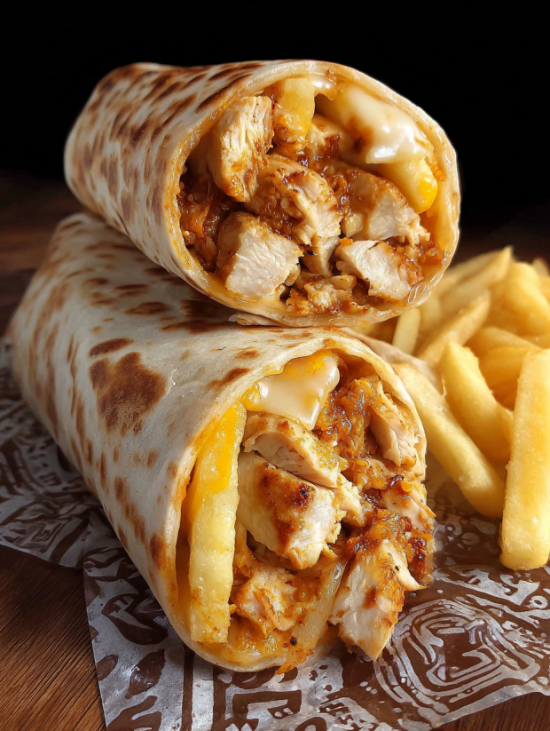 Ein Burrito mit Parmesan und Knoblauch, der mit Chicken gefüllt ist.