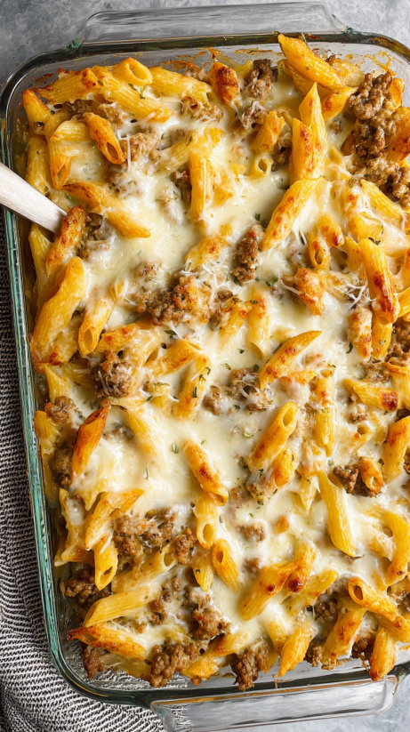 Eine creamy sausage alfredo bake mit pasta, sausages und alfredo sauce.