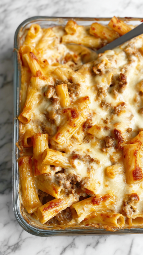 Eine Tafel mit einer creamy sausage alfredo bake, die aus macaroni und sausage besteht.