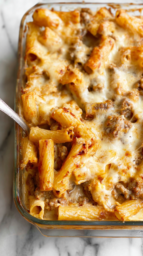 Eine Tafel mit einer creamy sausage alfredo bake, die mit Penne und Käse zubereitet wurde.