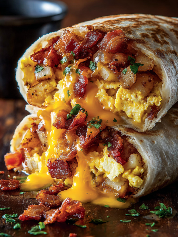 Ein Bacon Egg Cheese Breakfast Burrito, der in Stücke geschnitten wurde, um den Inhalt zu veranschaulichen.