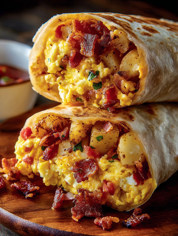 Ein Bacon Egg Cheese Breakfast Burrito, der in einer Schüssel auf einem Tisch liegt.