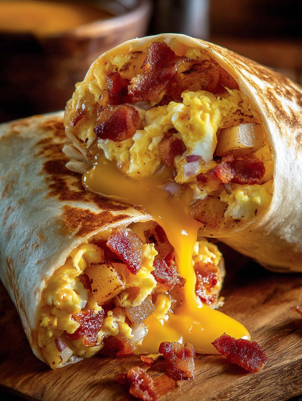Ein Bacon Egg Cheese Breakfast Burrito, der in zwei Hälften zerlegt wurde, mit den Zutaten wie Eier, Bacon und Käse sichtbar.
