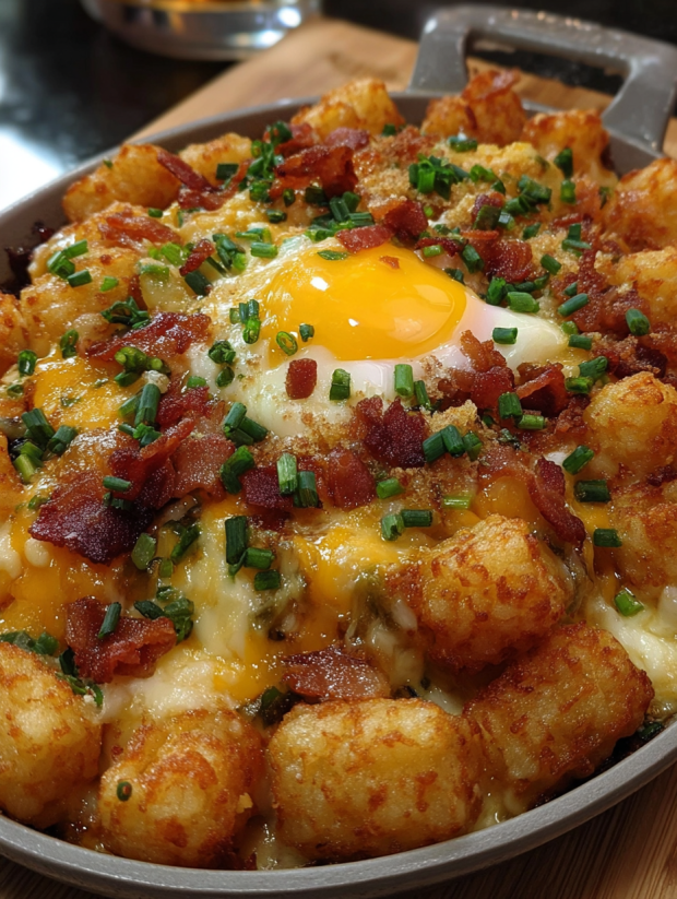 Ein Bacon Egg Tater Tot Bake mit einem Ei in der Mitte.